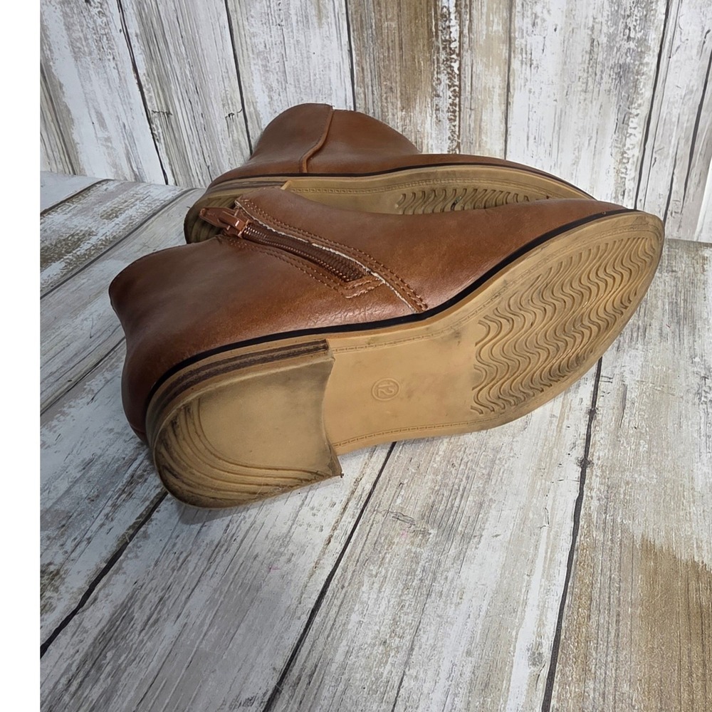 Kids Tan Faux Leather Ankle Boots Side Zip Almond Toe Brown Booties Size 12 - Picture 6 of 7